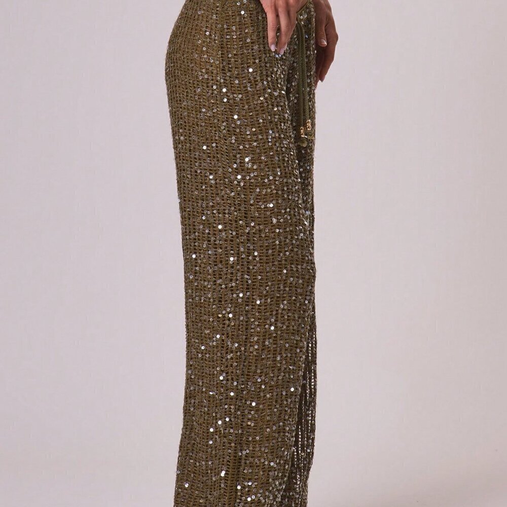 Olive Green Boho Women's Resort Knit with sequin pants - Picture 5 of 8